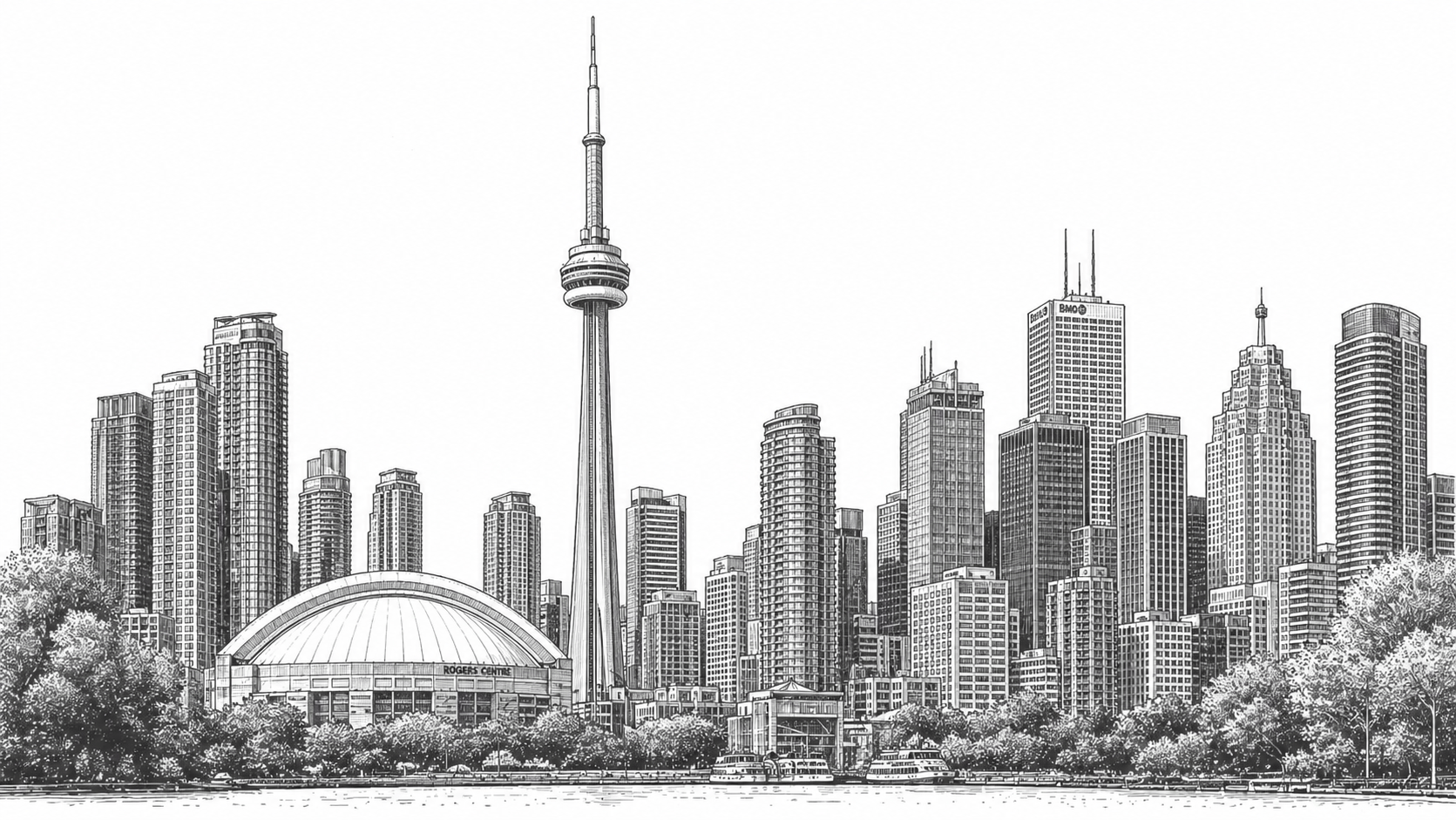 Illustration of Canadian skyline framed by mountains and forest